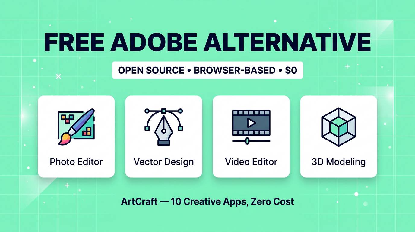 ArtCraft free open source Adobe alternative showing creative suite apps in browser on teal editorial background
