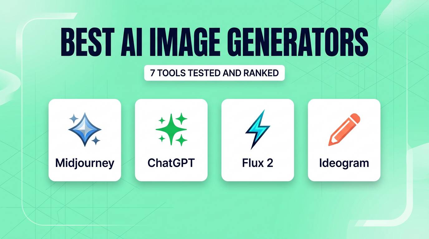 Seven best AI image generators compared on bright teal editorial background with tool cards for Midjourney Flux Ideogram and ChatGPT