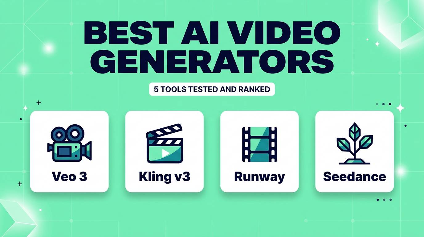 Five best AI video generators compared showing Veo 3 Kling Runway Seedance and MiniMax on teal editorial background