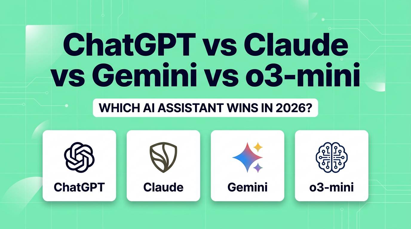 ChatGPT vs Claude vs Gemini vs o3-mini comparison with four AI assistant cards on teal green editorial background